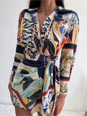 Colorful Patchwork Print Wrap Blouse